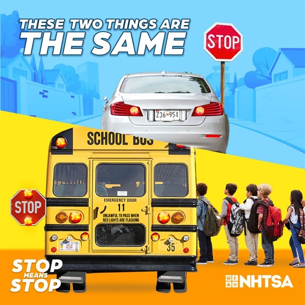 미국 도로교통안전국의 불법 스쿨버스 추월 방지 캠페인 포스터