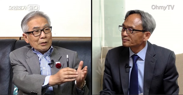 전국비상시국회의 상임고문이자 전 KBS 이사장이었던 김상근(85) 원로목사가 <오마이TV> '오연호가 묻다'에 출연해 인터뷰를 하고 있다.
