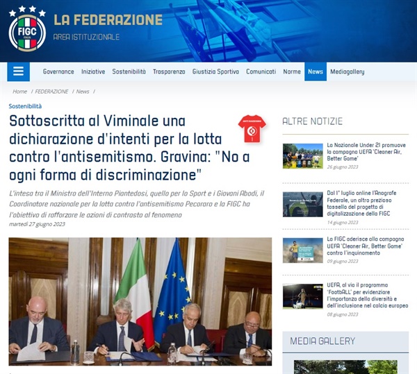  반유대주의 선언문 서명식을 알리는 이탈리아축구연맹(FIGC) 홈페이지 
