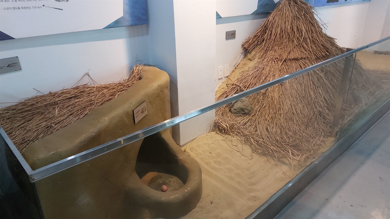종달리 모래염전 체험관에는 ‘소금모래’를 긁어모아서 비에 젖지 않도록 덮어둔 것(오른쪽)과 ‘서슬’(왼쪽)을 재현해 놓았다. ‘서슬’은 ‘소금모래’로부터 소금물을 분리하는 장치다. 