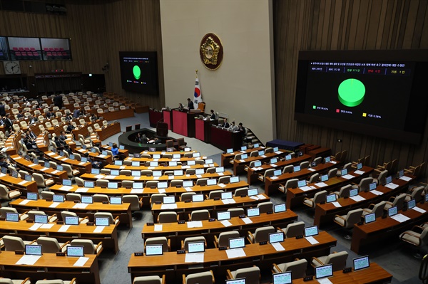 30일 오후 국회 본회의에서 후쿠시마 오염수 방류 철회 촉구 결의안이 야당 단독으로 채택되고 있다. 