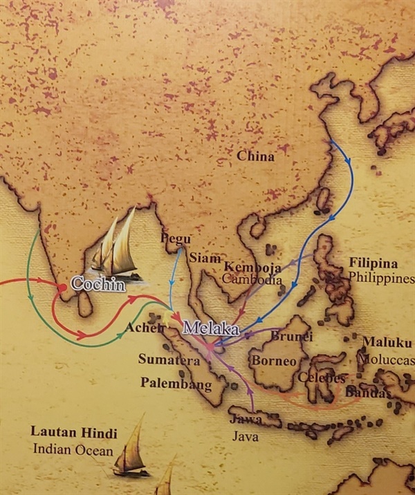 말레이시아 박물관에 전시된 말라카 전성기의 지도(박물관에서 촬영).