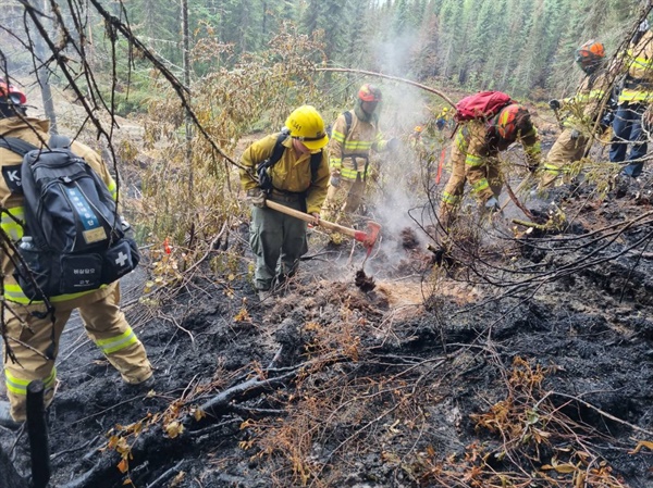 퀘벡주 북부지역에서 장비를 갖춘 긴급구호대원들이 산불을 끄고 있다.