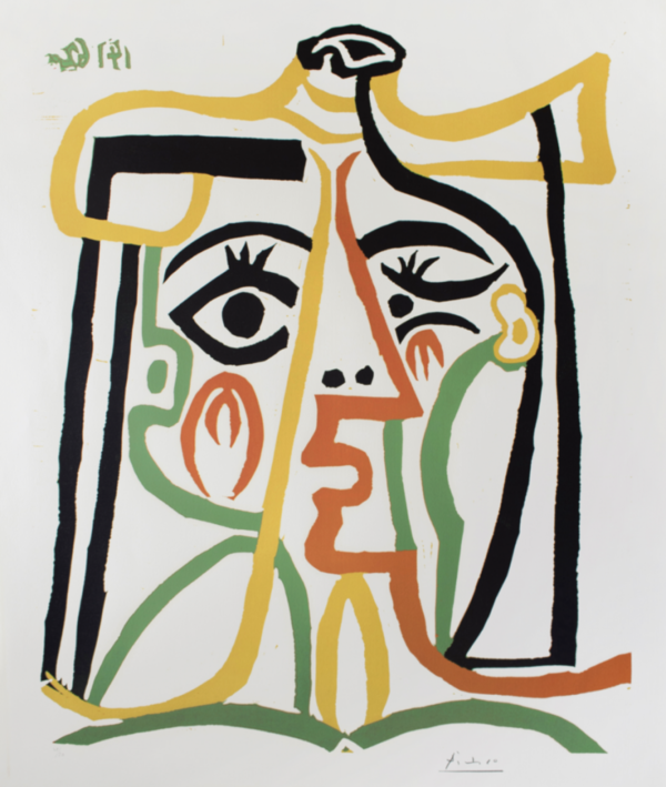 Pablo Picasso, Portrait de Jacqueline au Chapeau de Paille, linocut in colours, 1962