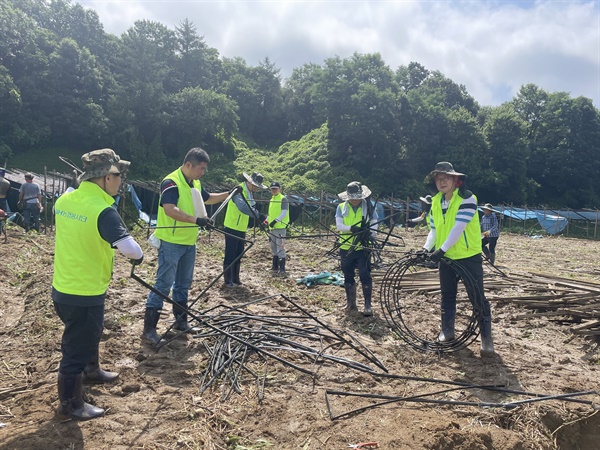 이재호 농협경제연구소장(오른쪽 첫 번째)과 임직원들은 19일 충북 괴산군 소재 농가에서 수해 피해복구 지원활동을 펼치고 있다.