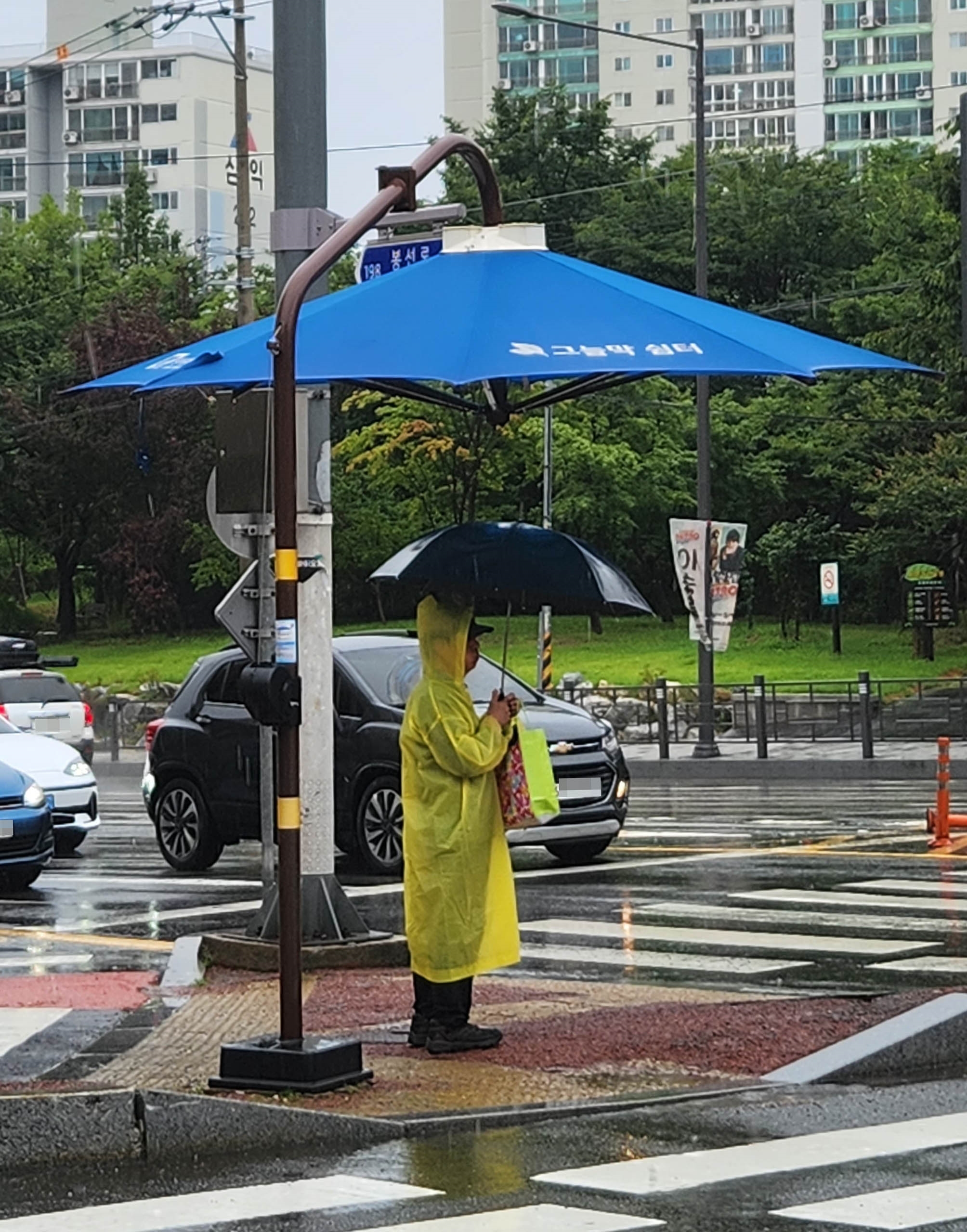 장대비가 쏟아진 24일 오전 광주광역시 남구 도로에서 한 시민이 비옷에 우산까지 들고 신호를 기다리고 있다.