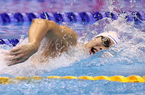 역영하는 이호준 이호준이 24일 일본 후쿠오카 마린 메세 후쿠오카홀에서 열린 2023세계수영선수권 남자 자유형 200m 준결승에서 역영하고 있다. 