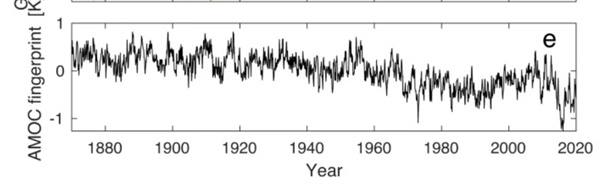 연구진은 분석한 1870년부터 2020년까지의 AMOC의 순환 기능 강도. 시간이 흐를 수록 강도가 낮아지고 변동폭이 커지는 점을 단번에 확인할 수 있다