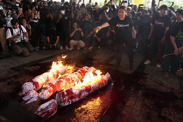 태국 제1당 까우끌라이당 지지자들이 2일 방콕 프아타이당 본부에서 봉제 인형을 태우며 시위하고 있다. 태국 탁신 친나왓 전 총리 계열의 프아타이당은 이날 전진당을 배제하고 차기 정부 구성을 추진하기로 했다