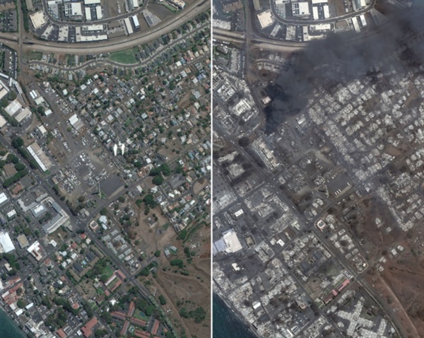 미국 위성업체 맥사 테크놀로지가 촬영한 하와이 마우이섬 화재 발생 전후 비교 사진 