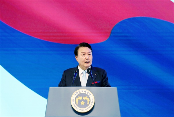 윤석열 대통령이 15일 서울 서대문구 이화여대 대강당에서 열린 제78주년 광복절 경축식에서 경축사를 하고 있다.