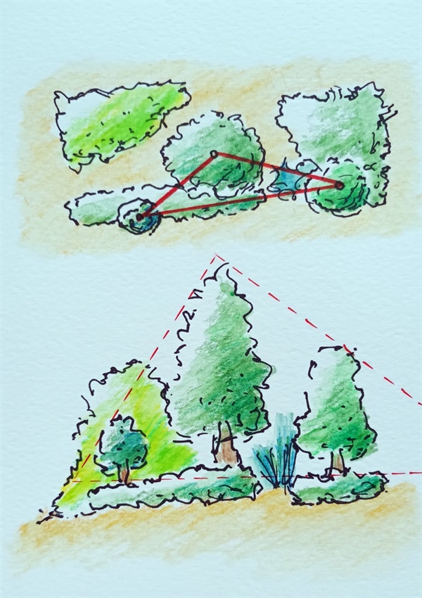 부등변 삼각형 배식은 세 그루의 나무를 각각의 크기와 거리를 달리해 밸런스를 자연스럽게 맞추는 일본적인 구성이다