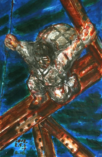    〈피난민〉, 2012, 닥종이에 아크릴릭, 96×62.5cm.