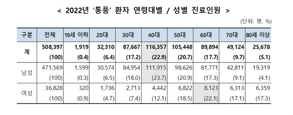 2022년 ‘통풍’ 환자 연령대별 / 성별 진료인원 표.