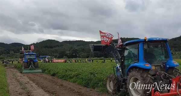 전농 경북도연맹은 24일 경북 의성군에서 정부의 농산물 할당관세 확대로 건고추 수입을 규탄하며 고추밭을 트랙터로 갈아엎었다.