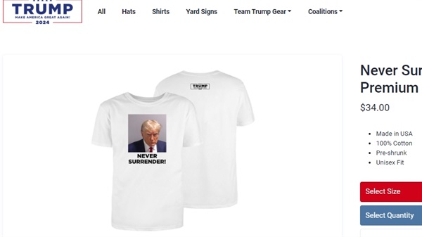 머그샷을 활용한 티셔츠 판매 중인 트럼프 전 대통령 홈페이지(winred.com) 화면갈무리
