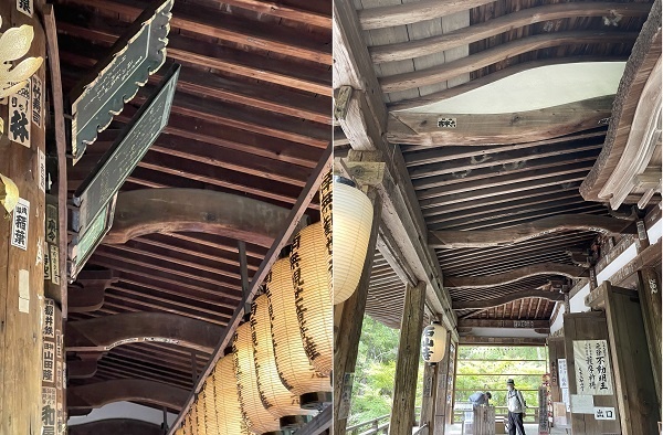          이시야마데라 절 본전 천장에서 우미량 보를 볼 수 있습니다. 우미량은 백제시대 건출물에서 흔히 사용되었습니다.