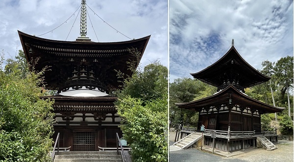          이시야마데라 절 다보탑은 1194년에 지어진 것으로 일본에서 가장 오래되었습니다. 아래층은 사각형이고 위층은 원형입니다.