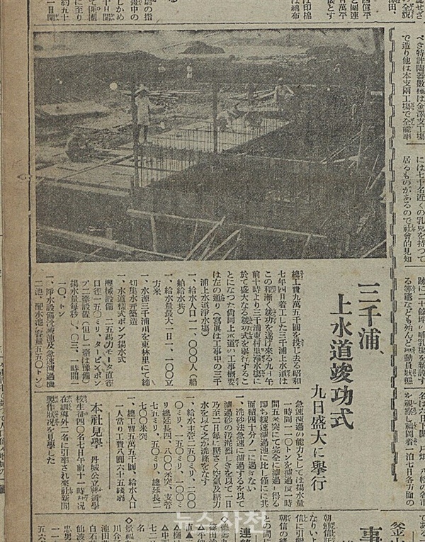 삼천포 상수도 공사 준공식 소식을 보도한 1933년 11월 8일자 부산일보.