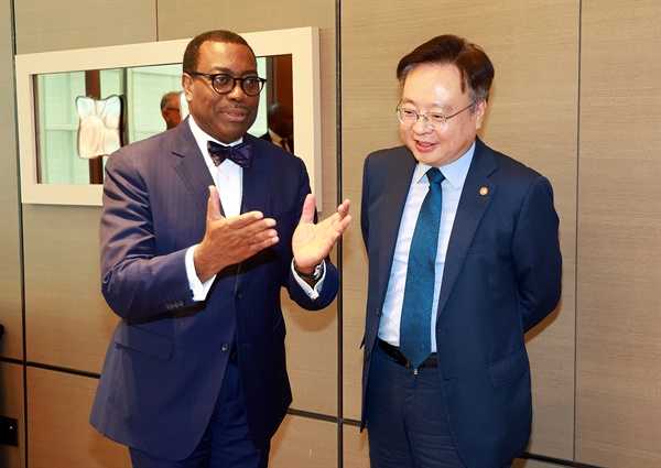 조규홍 보건복지부 장관와 아킨우미 아데시나 아프리카개발은행(African Development Bank, AfDB) 총재는 11일 서울에서 만나 한국과 아프리카 간의 보건의료 협력 방안에 대해 논의했다. 사진은 환담을 나누는 모습.
