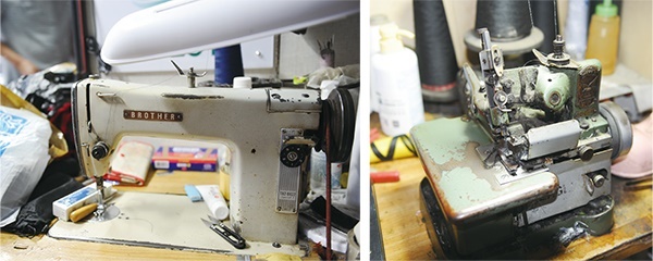 옷 수선 용도로 사용하고 있는 재봉틀(왼쪽), 오버로크 기계 역시 양복점을 운영할 때부터 한광학씨의 손때가 묻은 도구들이다(오른쪽). 세탁소로 바뀐지 20년, 이 곳이 한 때 양복점이었다는 것을 알려주는 상징물이기도 하다. 