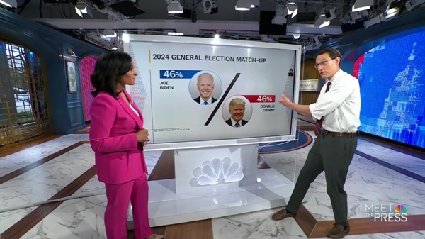 2024년 미국 대선 조 바이든 대통령과 도널드 트럼프 전 대통령 가상 양자 대결 여론조사 결과를 보도하는 NBC방송 