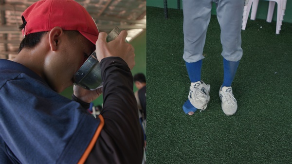라오스 야구국가대표팀 생수로 더위와 갈증을 해결하고 있고(왼쪽), 찢어지 운동화를 신고도 계속 운동을 하고 있다(오른쪽)