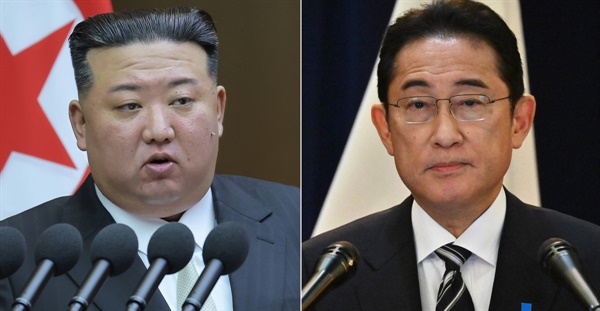 왼쪽부터 김정은 북한 국무위원장, 기시다 후미오 일본 총리.