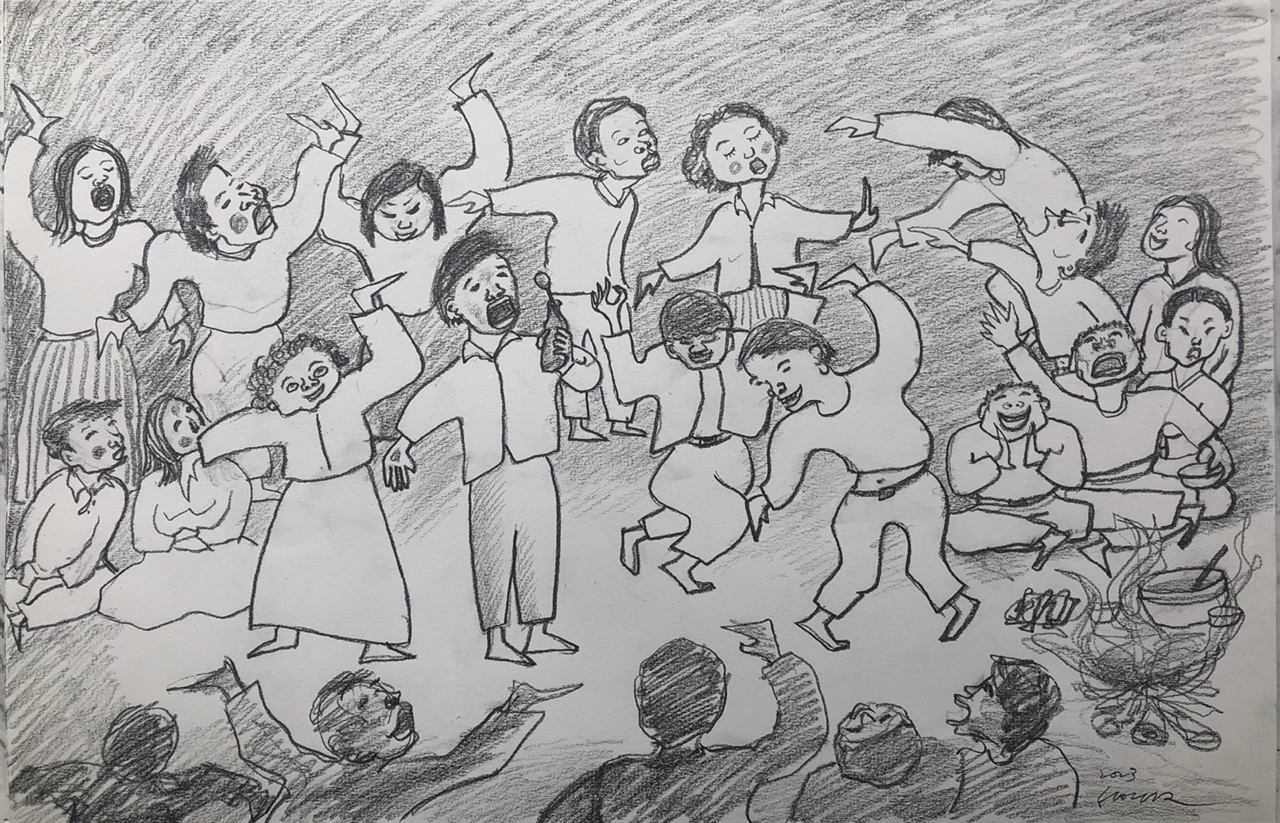 신안을 비롯한 서남해안 도서·연안 지역의 놀이 문화 ‘산다이’를 그린 스케치.