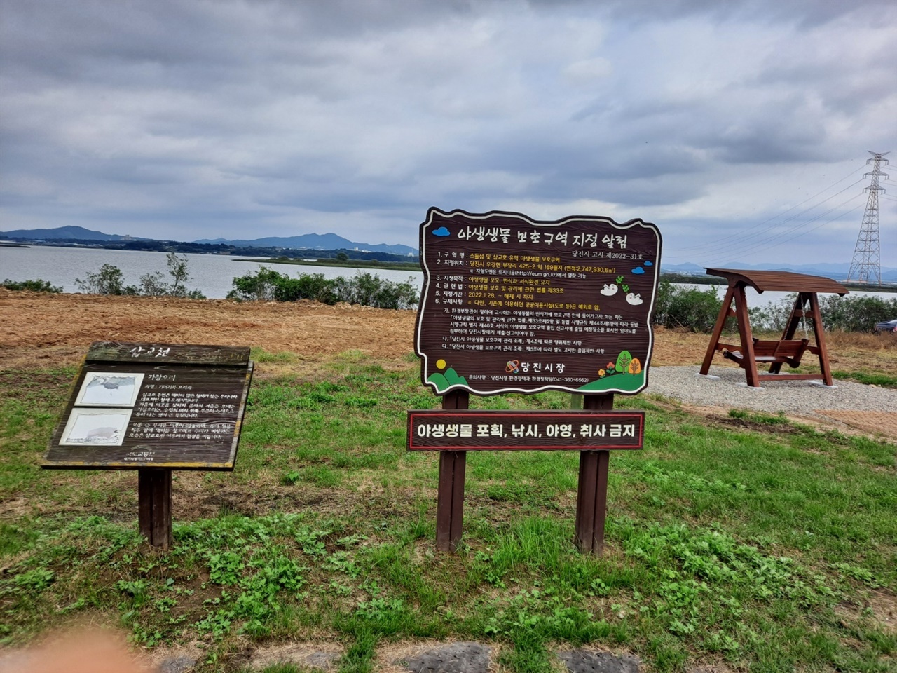 충남 당진시 삽교호 소들섬 쉼터. 야생생물보호구역 지정 알림판 뒤로 제초제로 추정되는 액체가 뿌려져 식물이 고사했다. 