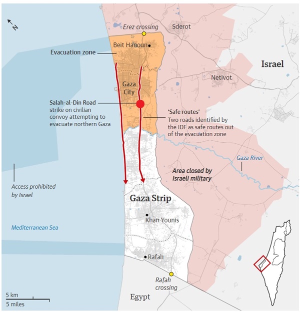 포격이 발생한 살라 알 딘 도로는 해안 도로와 함께 이스라엘 방위군에 의해 피난시 안전한 단 두 개의 경로 중 하나다. 빨간색 동그라미가 이번 포격이 일어난 장소로 추정되는 곳이다.