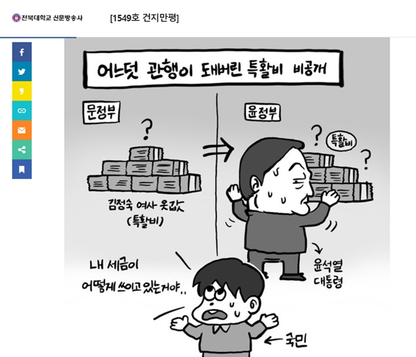 지난해 12월 6일 전북대학교 대학 언론 <전북대신> 1549호에 실린 만평. 현·전 정부의 특활비 비공개를 풍자했다.