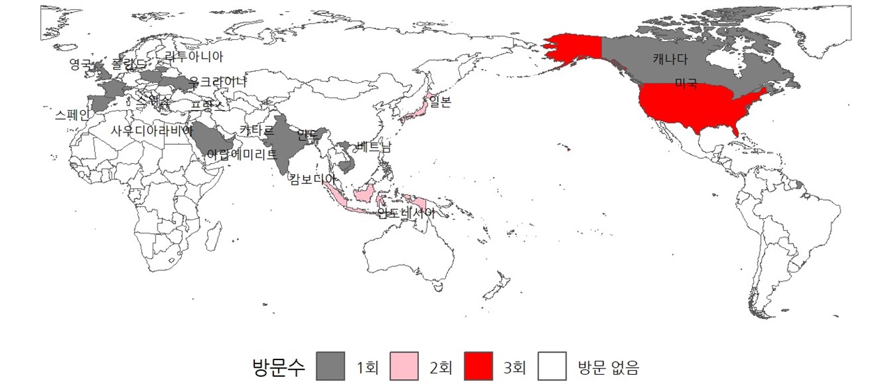  윤석열 대통령 임기 초반(1년 6개월) 해외 방문 국가 지도. 