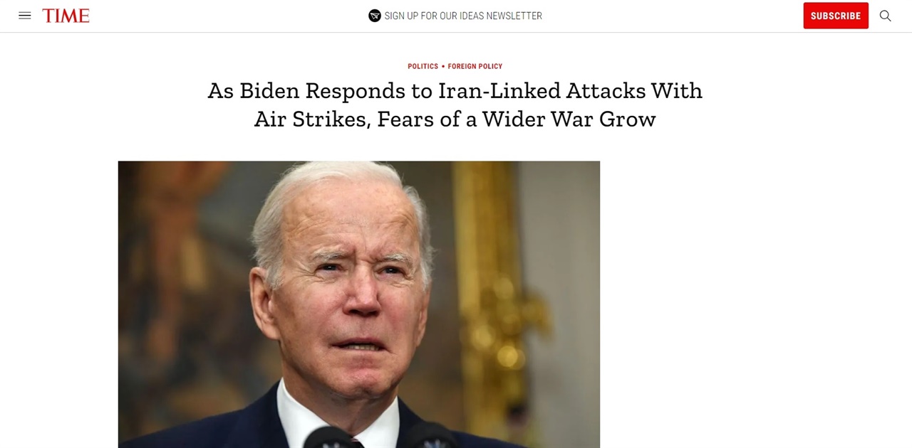 28일(현지시간) <타임>지는 "바이든 대통령이 이란 연계 공격에 공습으로 대응함에 따라 확전의 두려움이 커지고 있다"는 제목의 기사를 보도했다. 