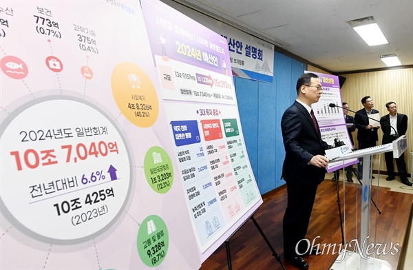 박덕수 인천시 행정부시장이 11월 2일 시청 브리핑룸에서 2024년도 인천광역시 예산안을 설명하고 있다.