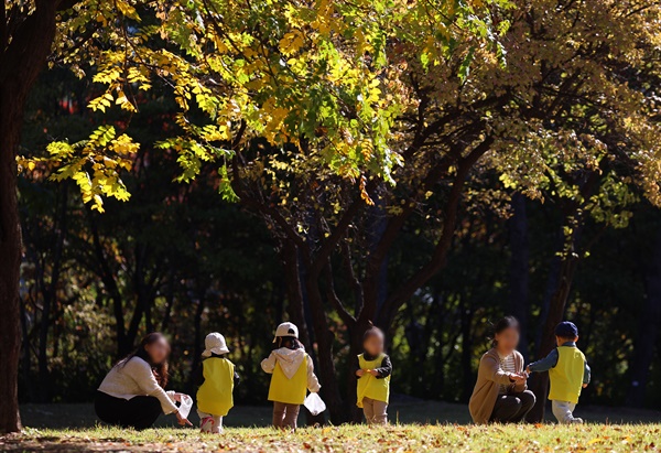 지난 10월 20일 오전 서울 여의도공원에서 한 어린이집 교사와 아이들이 나들이를 즐기고 있다. 