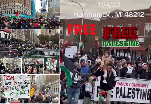 4일, 뉴욕(왼쪽), 디트로이트 인근 Hamtramck (오른쪽, 동영상 갈무리)에서 Free Palestine 집회가 열렸다. 