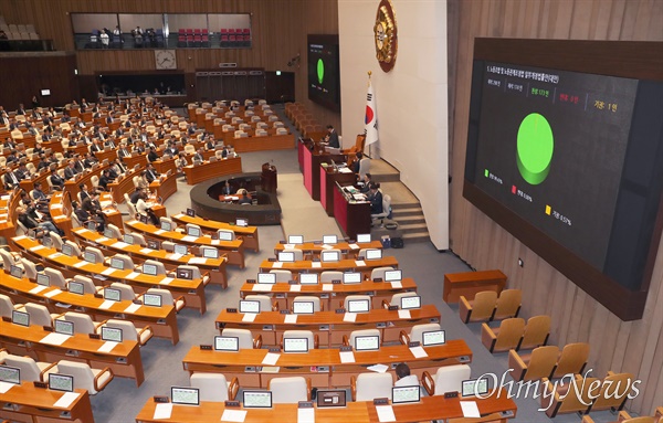 노란봉투법(노동조합법 및 노동관계조정법 2·3조 개정안)이 2023년 11월 9일 국회 본회의에서 국민의힘 의원들이 퇴장한 가운데, 재석 174명 중 찬성 173명, 기권 1명으로 통과되고 있다. 