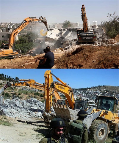 2022년 요르단강 서안지구 마사페르 야타 지역의 한 마을에서 HD현대건설기계의 굴착기가 팔레스타인 거주민의 가옥을 강제철거하고 있다.