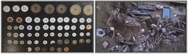 성인 남녀 상의 4혈(穴) 단추 모습과 발굴 현장 드러난 유해와 유품들의 모습