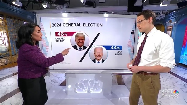 조 바이든 미국 대통령과 도널드 트럼프 전 대통령의 지지율을 보도하는 NBC방송