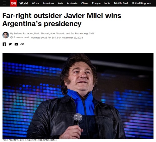 아르헨티나 대선의 극우파 후보 하비에르 밀레이 당선을 보도하는 미 CNN방송