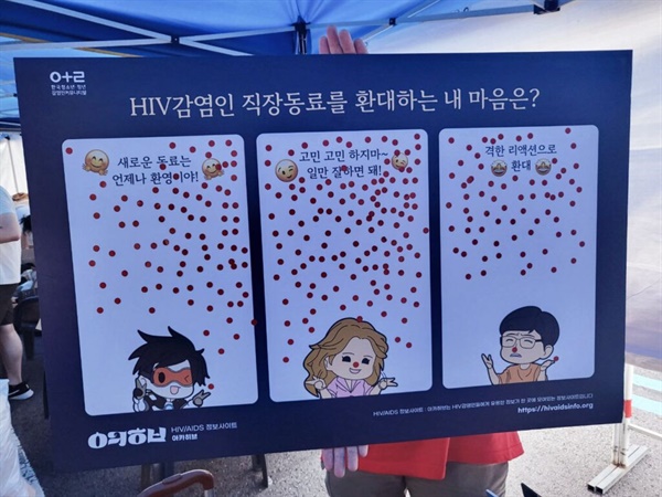 2023년 7월 서울퀴어프레이드에서 진행된 ‘HIV감염인 직장동료를 어떻게 환대할까’ 스티커 설문 캠페인