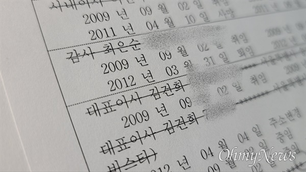 (주)코바나 법인등기부등본. 김건희 여사가 대표이사로 등재된 날짜는 2009년 9월 2일이다. 같은 날 그의 어머니 최은순씨도 감사로 이름을 올렸다.