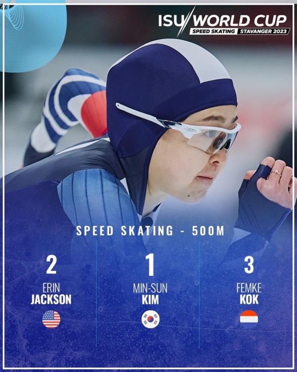  김민선의 2023-2024 스피드스케이팅 월드컵 3차 대회 여자 500m 우승을 알리는 국제빙상경기연맹(ISU)