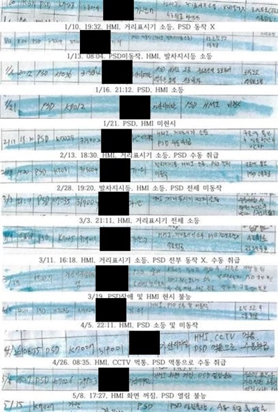  스크린도어와 조작 관련 설비의 기능 고장 보고. 2023년 상반기에 철도공사에 '휴먼에러 사고 장애 예방 조사'를 위해 올라간 지속적인 보고로, 기관사들이 수기로 작성한 것이다.