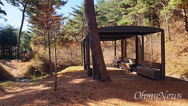  서천 치유의숲, 치유명상데크. 옆으로 얕은 계곡물이 흘러, 물 흐르는 소리를 들으며 명상에 빠질 수 있다.