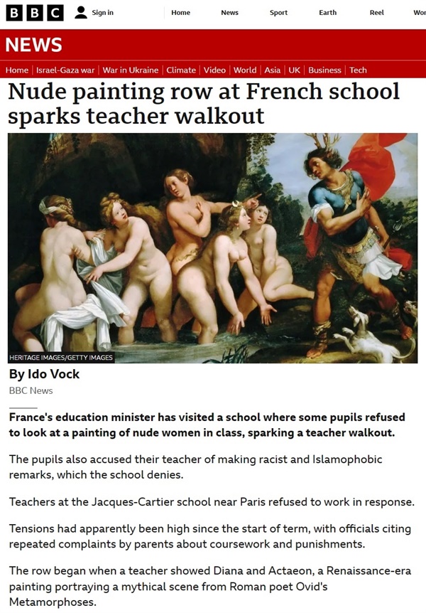 프랑스 한 학교에서 르네상스 화가의 그림을 수업 시간에 보여준 교사와 학교를 둘러싼 논란을 보도한 기사