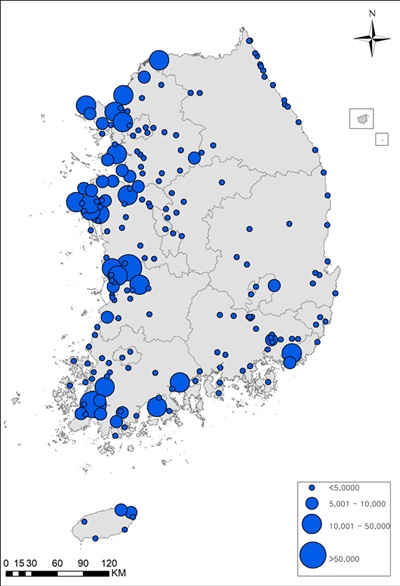  12월 전국 오리과조류(오리류·기러기류·고니류) 분포지도