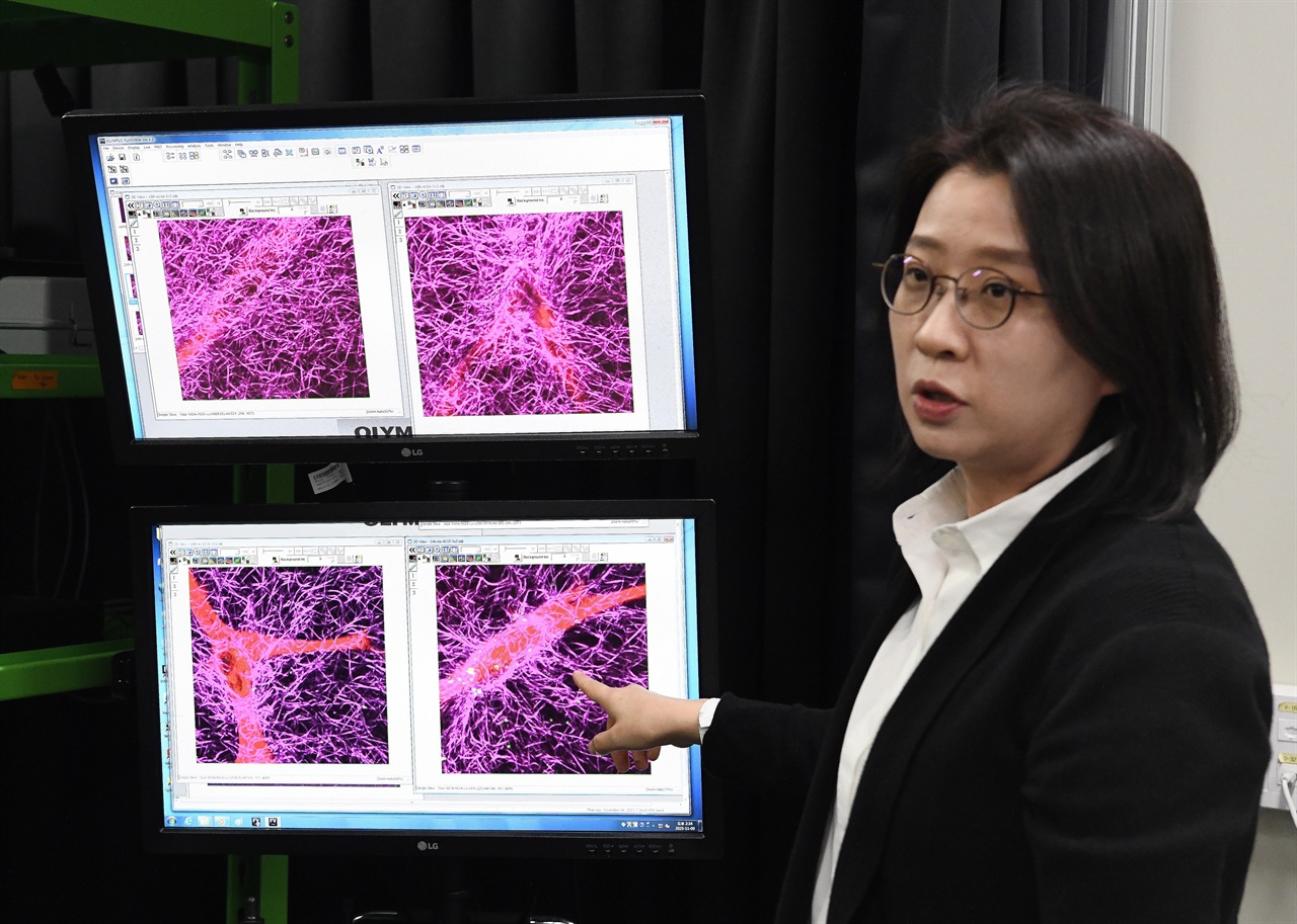 김세화 KRISS 바이오이미징팀장이 비선형 광학현미경으로 관찰한 생체조직을 설명하고 있다